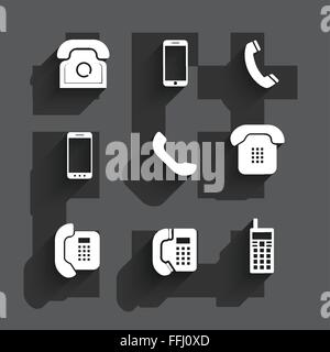 Phone icons Flat Design with shadows on dark gray. Vector illustration Stock Vector