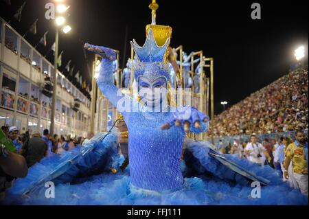 Costumed samba dancers perform in the Sambadrome during the parade of champions following Rio Carnival February 13, 2016 in Rio de Janeiro, Brazil. The parade celebrates the winners of the Carnival samba competitions. Stock Photo