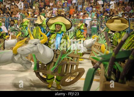 Costumed samba dancers perform in the Sambadrome during the parade of champions following Rio Carnival February 13, 2016 in Rio de Janeiro, Brazil. The parade celebrates the winners of the Carnival samba competitions. Stock Photo