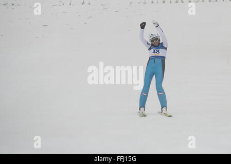 Ljubno, Slovenia. 14th Feb, 2016. Daniela Iraschko-Stolz of Austria competes during Ljubno FIS Ski Jumping World Cup in Ljubno. Credit:  Rok Rakun/Pacific Press/Alamy Live News Stock Photo