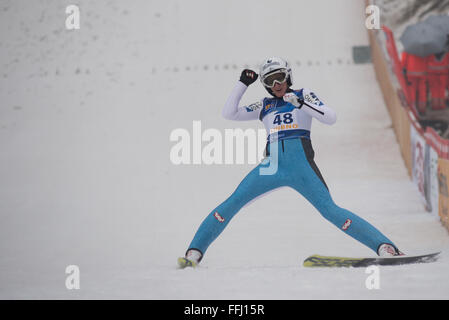 Ljubno, Slovenia. 14th Feb, 2016. Daniela Iraschko-Stolz of Austria competes during Ljubno FIS Ski Jumping World Cup in Ljubno. Credit:  Rok Rakun/Pacific Press/Alamy Live News Stock Photo