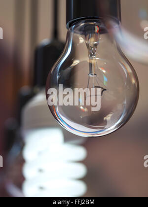 Old-fashioned incandescent light bulb among glowing energy efficient one Stock Photo
