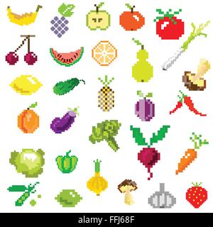pixel art fruit and vegetables on white Stock Vector