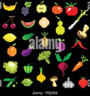 pixel-art fruit and vegetables on black Stock Vector