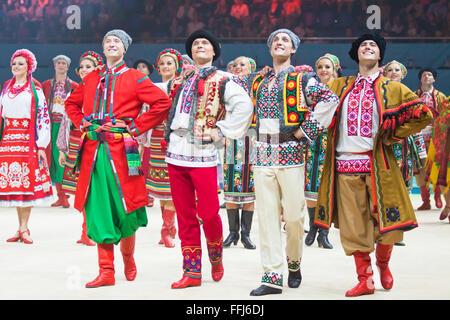 KYIV, UKRAINE - SEPTEMBER 1, 2013: Virsky Ukrainian National Folk Dance Ensemble performs during Gala concert at 32nd Rhythmic Gymnastics World Championship in Kyiv Stock Photo