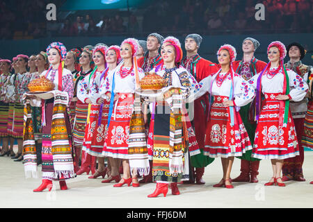 KYIV, UKRAINE - SEPTEMBER 1, 2013: Virsky Ukrainian National Folk Dance Ensemble performs during Gala concert at 32nd Rhythmic Gymnastics World Championship in Kyiv Stock Photo