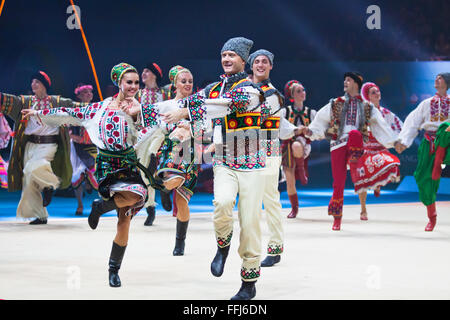 KYIV, UKRAINE - SEPTEMBER 1, 2013: Virsky Ukrainian National Folk Dance Ensemble performs during Gala concert at 32nd Rhythmic Gymnastics World Championship in Kyiv Stock Photo