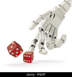 Robot hand throwing red dice isolated on white Stock Photo