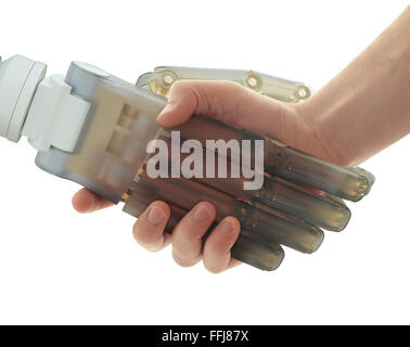 Human and robot shaking hands on white background Stock Photo
