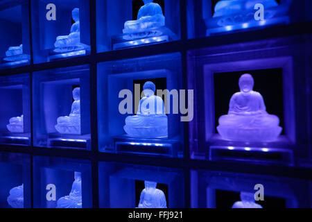 The Ruriden memorial hall at the Koukoko-ji temple on February 11, 2016 in Tokyo, Japan. In a country with an ageing population and a premium on space it is a modern collective tomb. Inside the hexagonal mausoleum there are over 2000 glass Buddhas lit by LED lights. Behind the Buddhas are compartments to store the ashes of the deceased. The light display changes color and pattern according to the season and time, and using a card reader system visitors can touch their card and display will change to indicate the Buddha representing their deceased. © Martin Hladik/AFLO/Alamy Live News Stock Photo