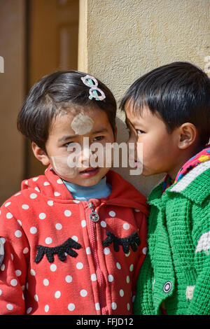 Cute kids outside of church, Kanpetlet, Chin State, Myanmar Stock Photo