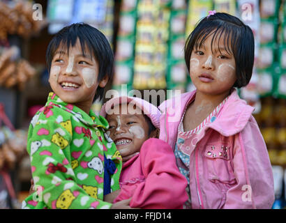 Cute kids outside of church, Kanpetlet, Chin State, Myanmar Stock Photo