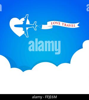 Airplane with announcement banner and blue sky, love travel background concept Stock Vector