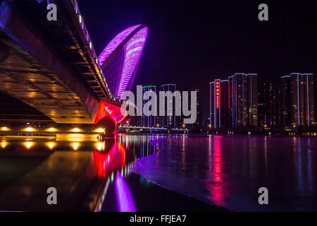 Beijing, China. 14th Feb, 2016. Photo taken on Feb. 14, 2016 shows the night view at the Fenhe Park in Taiyuan, capital of north China's Shanxi Province. Credit:  Li Jianbo/Xinhua/Alamy Live News Stock Photo