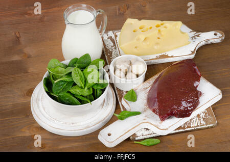 Food sources of vitamin B2 on wooden board. Top view Stock Photo