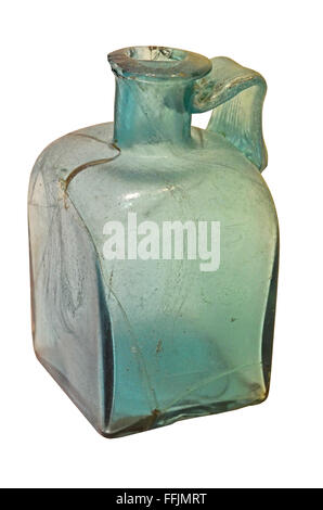 2nd century ancient roman light blue green bottle with handle and square base. Isolated against a white background Stock Photo