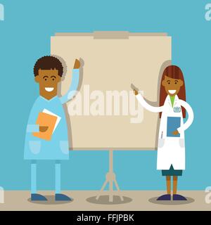 Medical Doctors Couple Hand Gecture To Empty  Clipboard Stock Vector