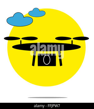 Illustration of drone with clouds and yellow circle background Stock Photo