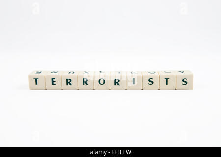 TERRORISTS white cube text on white background Stock Photo