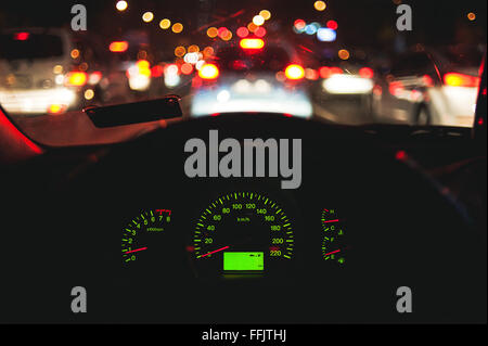 dashboard image of inside car with bokeh on evening time for background Stock Photo