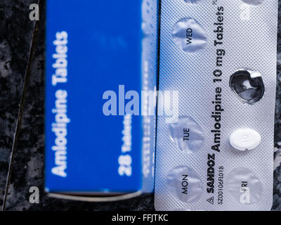 Close-up of Amlodipin Tablets, used in the medical treatment of those with high blood pressure. Stock Photo