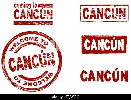 Set of stylized ink stamps showing the city of Cancun Stock Vector