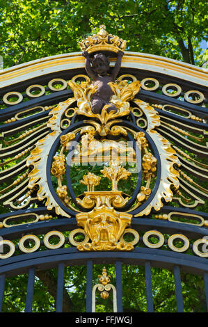 Canada Memorial Gate with golden gilded ornaments in Green Park near Buckingham Palace, London, United Kingdom. Stock Photo