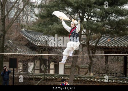 Seoul, South Korea - January 28, 2016: Acrobatics on a Tightrope walking at Korean Folk Village on January 28, 2016 in Yongin, S Stock Photo