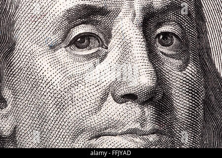 Benjamin Franklin, a close-up portrait on US hundred dollars Stock Photo