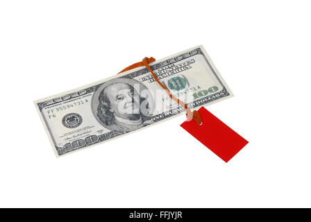 $ 100 bill with a red tag on brown leather rope on a white background Stock Photo