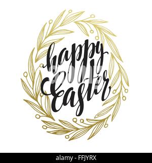 Hand drawn easter greeting card. Golden branch and leaves wreath. Happy easter hand lettering. Vector illustration Stock Vector