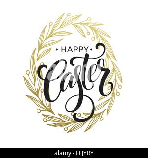 Hand drawn easter greeting card. Golden branch and leaves wreath. Happy easter hand lettering. Vector illustration Stock Vector