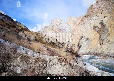 view of frozen Zanskar river from mountain during Chadar Trek Stock Photo