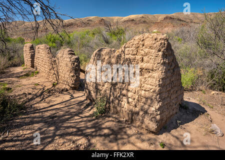 Ruins of adobe walls of Sam Nail Ranch, Ross Maxwell Scenic Drive, Chihuahuan Desert, Big Bend National Park, Texas, USA Stock Photo