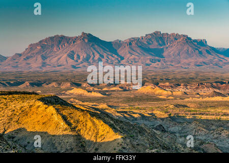 Chisos Mountains, over Chihuahuan Desert, distant view from Old Ore Road, in Big Bend National Park, Texas, USA Stock Photo