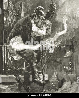 Victorian fireman rescuing a child Stock Photo