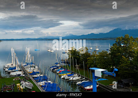 Yacht  boat harbour on lake Chiemsee, Chiemsee, Chiemgau,  Upper Bavaria, Germany, Europe Stock Photo