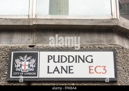 City of London Pudding Lane street sign in London EC3, the now disputed source of the Greta Fire of London Stock Photo