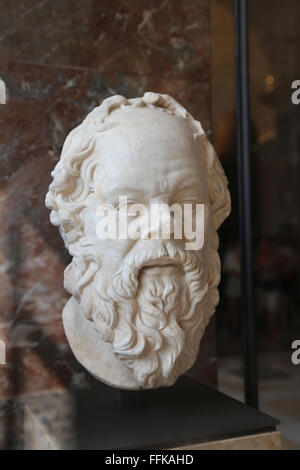 Socrates (470/469-399 BC). Classical Greek Philosopher. Bust of Socrates. 1st century BC, Italy (?). Marble. Louvre Museum. Stock Photo