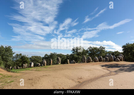 The Cromlech of the Almendres megalithic complex, or Almendres Cromlech, is a group of structured menhirs near Evora Stock Photo