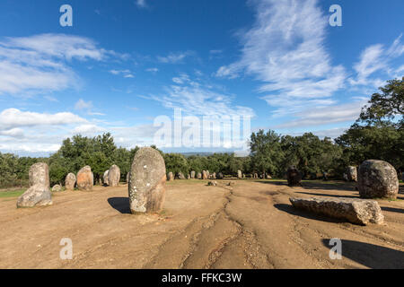 The Cromlech of the Almendres megalithic complex, or Almendres Cromlech, is a group of structured menhirs near Evora Stock Photo