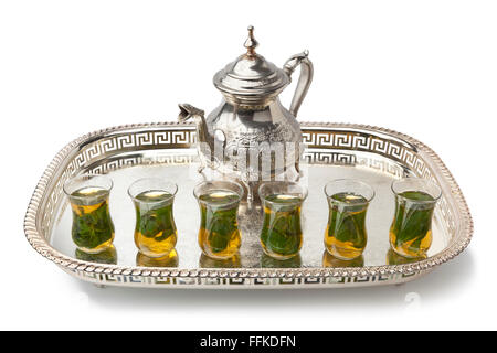 Tray with traditional Moroccan mint tea on white background Stock Photo