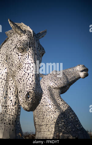 'The Kelpies' horse sculpture by sculptor Andy Scott, in the Helix Park, in Falkirk, Scotland. Stock Photo