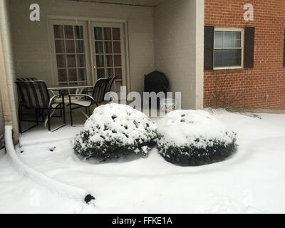 Annandale, VA, USAA. 15th Feb, 2016. Snow is once again falling across Central Virginia on Monday, 15 February 2016. Many area schools are already closed due to the holiday; others that were open have changed their schedules. The National Weather Service in Wakefield says light snow will continue to fall for a couple of hours then transition to sleet and freezing rain before turning into all rain by late Monday afternoon. © Probal Rashid/ZUMA Wire/Alamy Live News Stock Photo