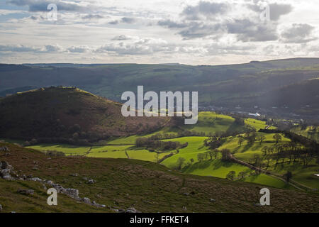 Looking west across Castell Dinas Bran, with the town of Llangollen below, in Wales. View from panoramic walk above Offa's Dyke. Stock Photo