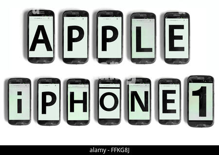Apple iPhone 1 written on the screens of smartphones photographed against a white background. Stock Photo