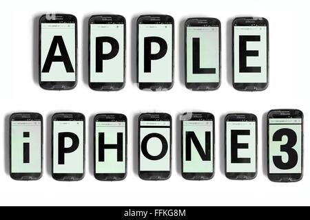 Apple iPhone 3 written on the screens of smartphones photographed against a white background. Stock Photo