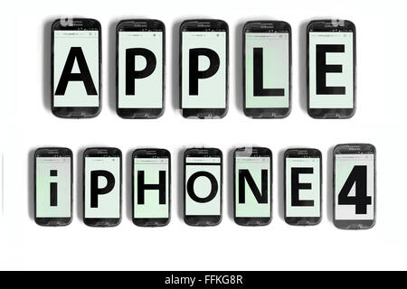 Apple iPhone 4 written on the screens of smartphones photographed against a white background. Stock Photo
