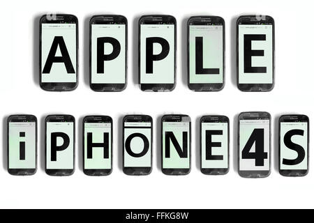 Apple iPhone 4s written on the screens of smartphones photographed against a white background. Stock Photo