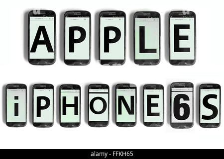 Apple iPhone 6s written on the screens of smartphones photographed against a white background. Stock Photo